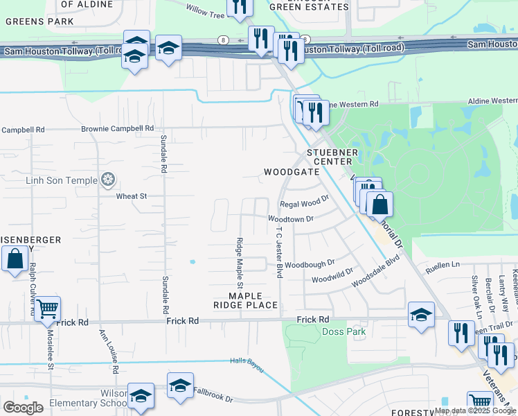 map of restaurants, bars, coffee shops, grocery stores, and more near 13523 Dahlia Green Way in Houston