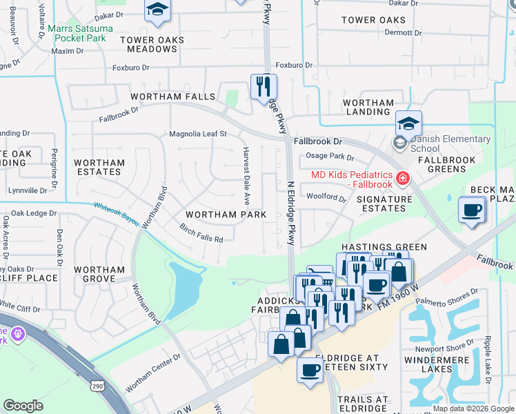 map of restaurants, bars, coffee shops, grocery stores, and more near 11215 Hillside Glen Trail in Houston