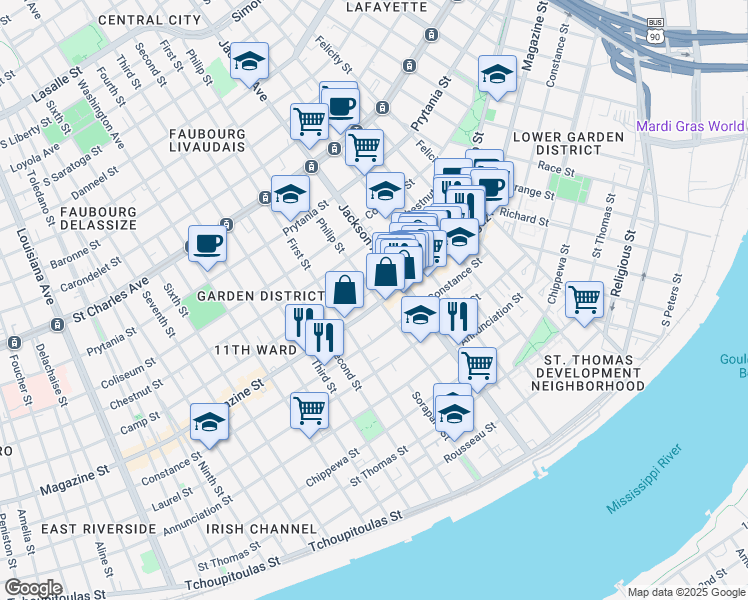 map of restaurants, bars, coffee shops, grocery stores, and more near 2301 Magazine Street in New Orleans
