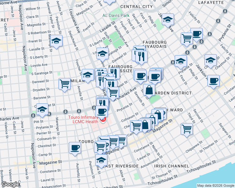 map of restaurants, bars, coffee shops, grocery stores, and more near in New Orleans