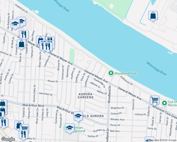map of restaurants, bars, coffee shops, grocery stores, and more near 2449 Chelsea Drive in New Orleans