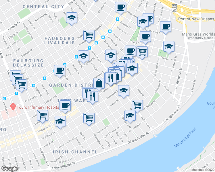 map of restaurants, bars, coffee shops, grocery stores, and more near 1125 Philip Street in New Orleans