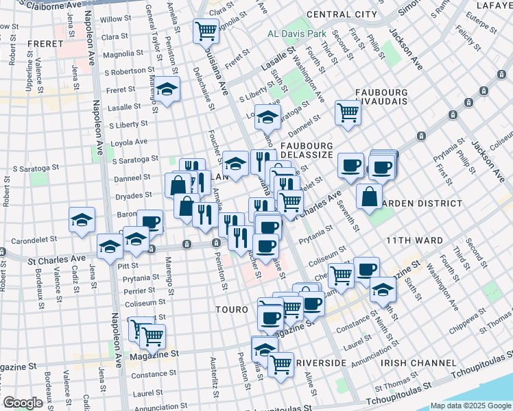 map of restaurants, bars, coffee shops, grocery stores, and more near 1725 Delachaise Street in New Orleans