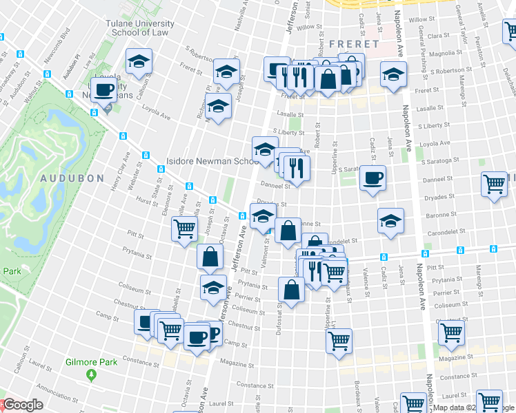 map of restaurants, bars, coffee shops, grocery stores, and more near 1633 Jefferson Avenue in New Orleans