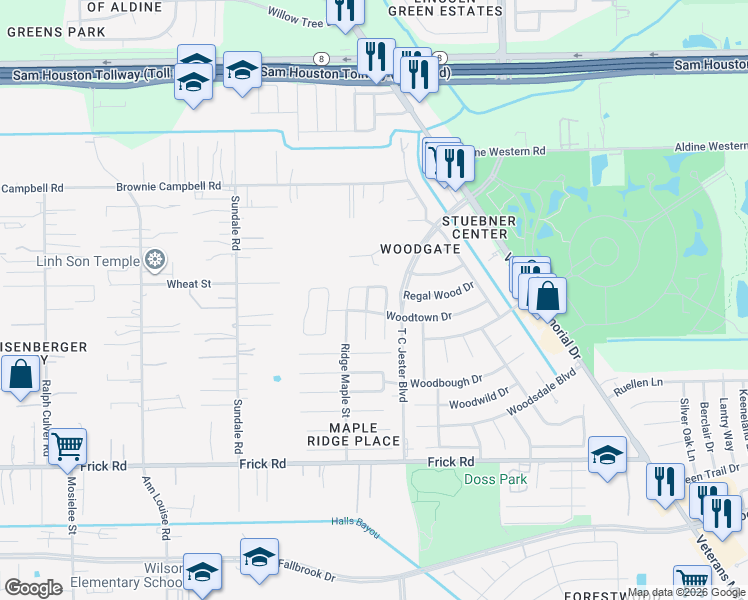 map of restaurants, bars, coffee shops, grocery stores, and more near 13523 Dahlia Green Way in Houston