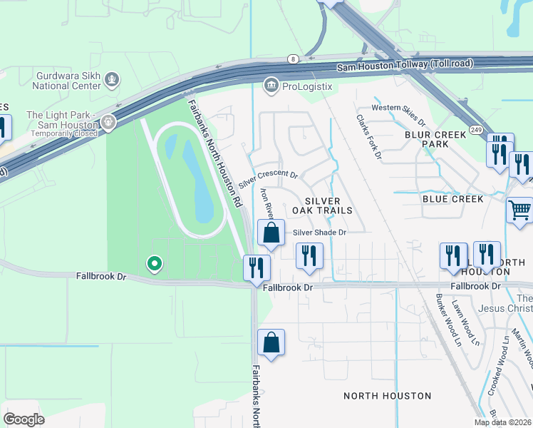 map of restaurants, bars, coffee shops, grocery stores, and more near 10027 Iron River Drive in Houston