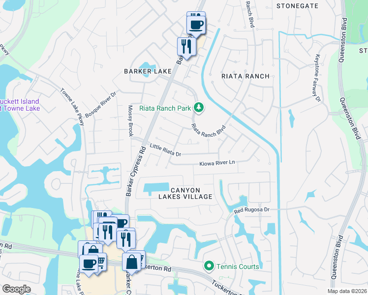 map of restaurants, bars, coffee shops, grocery stores, and more near 17502 Golden Glade Lane in Houston