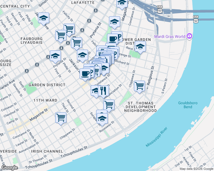 map of restaurants, bars, coffee shops, grocery stores, and more near 2017 Laurel Street in New Orleans
