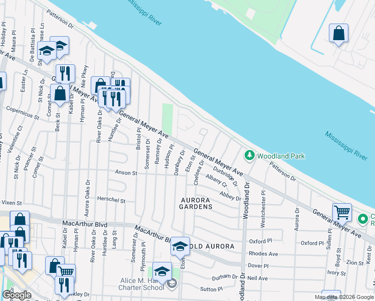 map of restaurants, bars, coffee shops, grocery stores, and more near 7 Leeward Court in New Orleans