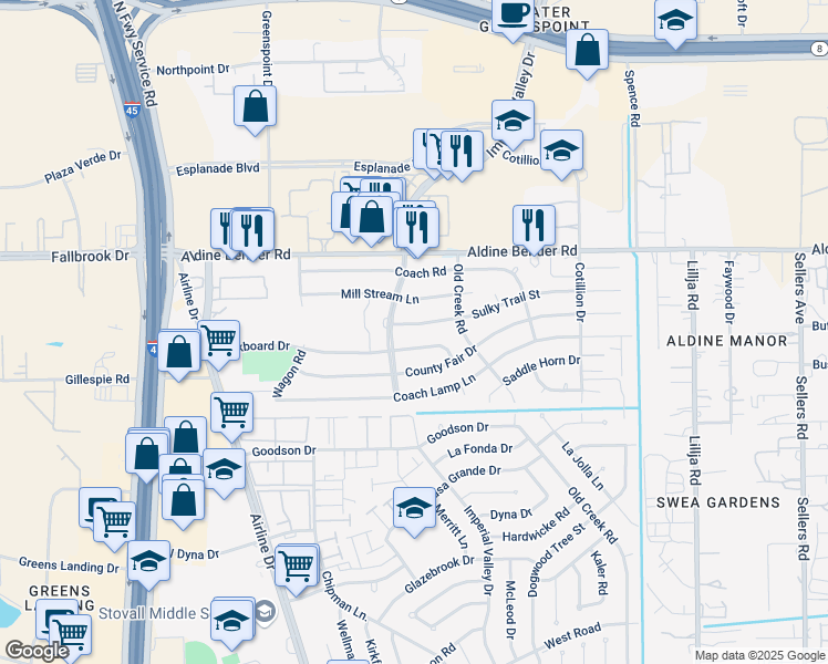 map of restaurants, bars, coffee shops, grocery stores, and more near 219 Sulky Trail Street in Houston