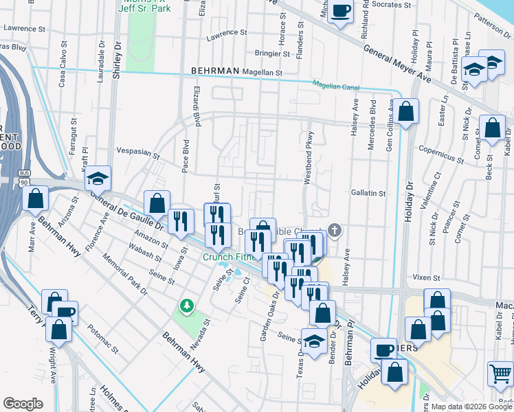 map of restaurants, bars, coffee shops, grocery stores, and more near 2311 Cypress Acres Drive in New Orleans