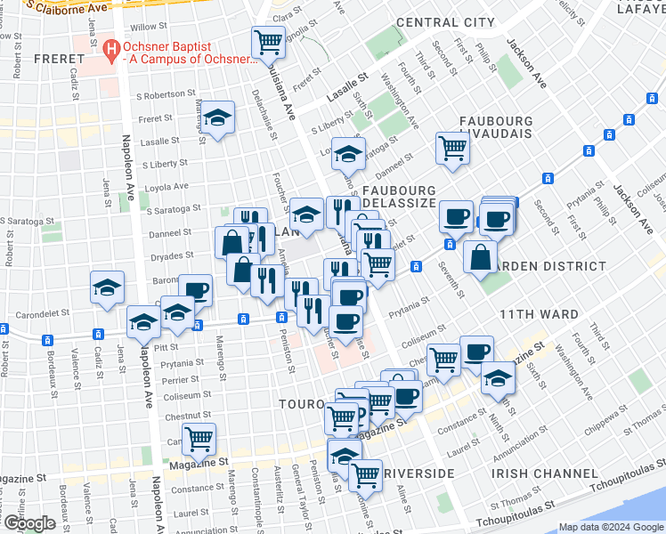 map of restaurants, bars, coffee shops, grocery stores, and more near 1725 Delachaise Street in New Orleans