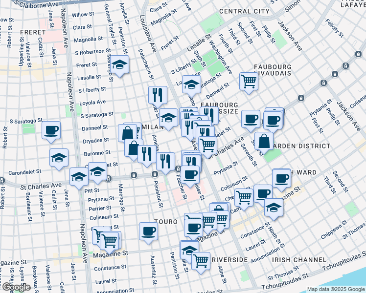 map of restaurants, bars, coffee shops, grocery stores, and more near 1725 Delachaise Street in New Orleans