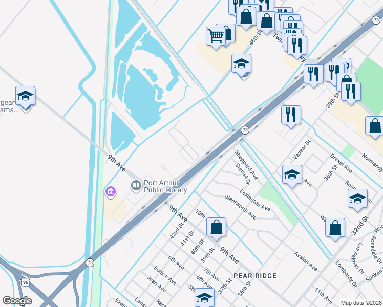 map of restaurants, bars, coffee shops, grocery stores, and more near 3901 Hwy 73 in Port Arthur