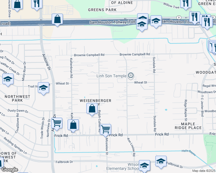 map of restaurants, bars, coffee shops, grocery stores, and more near 3277 Wheat Street in Houston