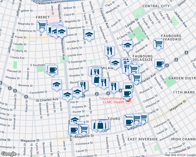 map of restaurants, bars, coffee shops, grocery stores, and more near 1829 Constantinople Street in New Orleans