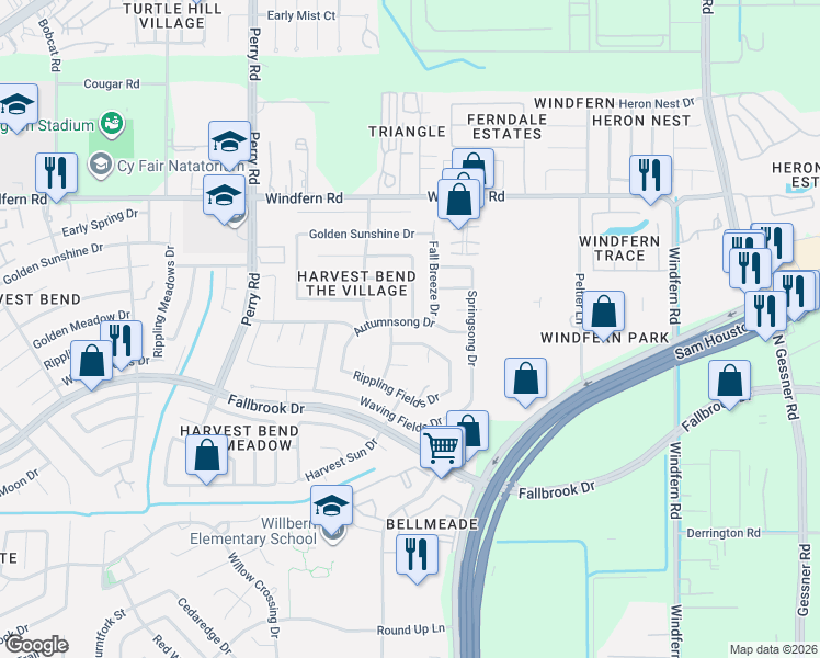 map of restaurants, bars, coffee shops, grocery stores, and more near 9155 Autumnsong Drive in Houston