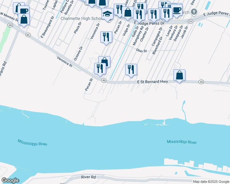 map of restaurants, bars, coffee shops, grocery stores, and more near 1910 Andres Street in Chalmette