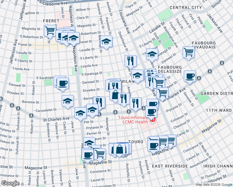 map of restaurants, bars, coffee shops, grocery stores, and more near 1829 Constantinople Street in New Orleans