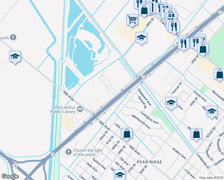 map of restaurants, bars, coffee shops, grocery stores, and more near 3901 Hwy 73 in Port Arthur