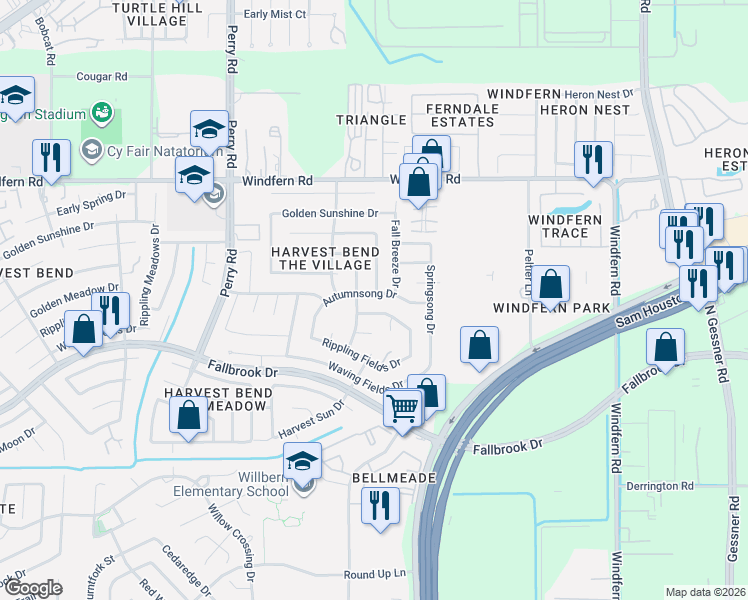 map of restaurants, bars, coffee shops, grocery stores, and more near 9155 Autumnsong Drive in Houston