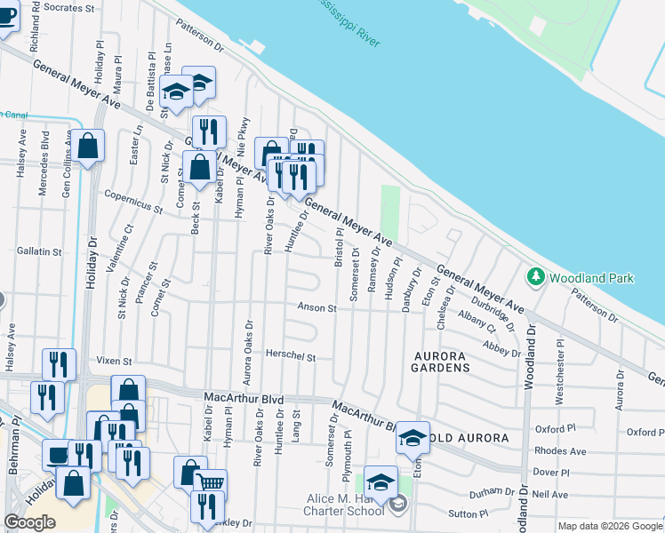 map of restaurants, bars, coffee shops, grocery stores, and more near 2328 Bristol Place in New Orleans