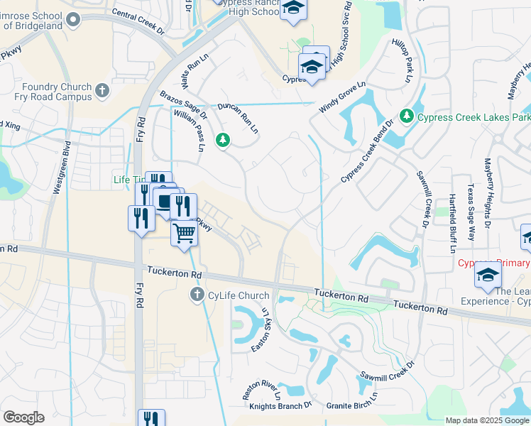map of restaurants, bars, coffee shops, grocery stores, and more near 10134 Peytons Grace Lane in Cypress