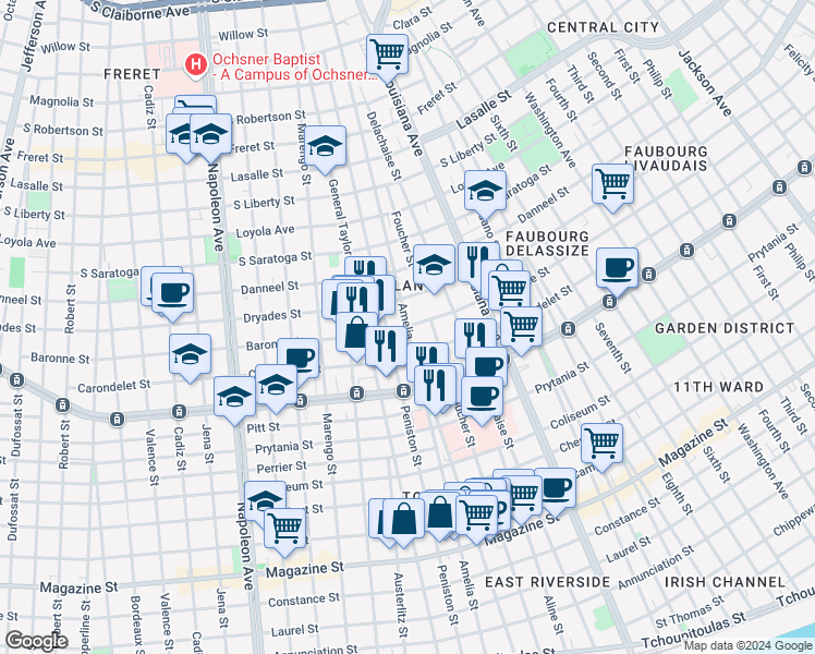map of restaurants, bars, coffee shops, grocery stores, and more near 3700 Baronne Street in New Orleans