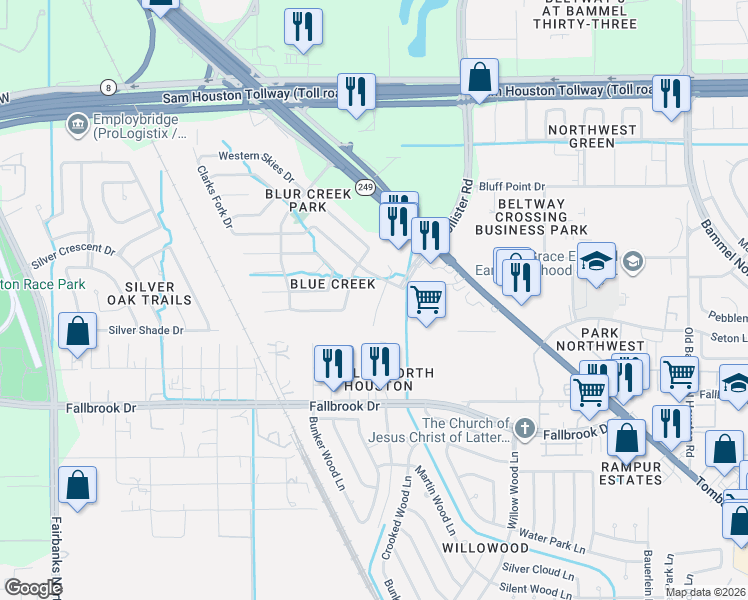 map of restaurants, bars, coffee shops, grocery stores, and more near 13418 Spring Line Court in Houston