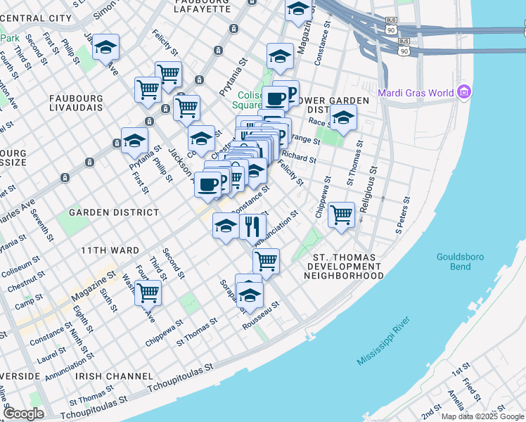 map of restaurants, bars, coffee shops, grocery stores, and more near 2001 Laurel Street in New Orleans