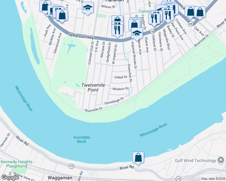 map of restaurants, bars, coffee shops, grocery stores, and more near 50 West Imperial Drive in Harahan