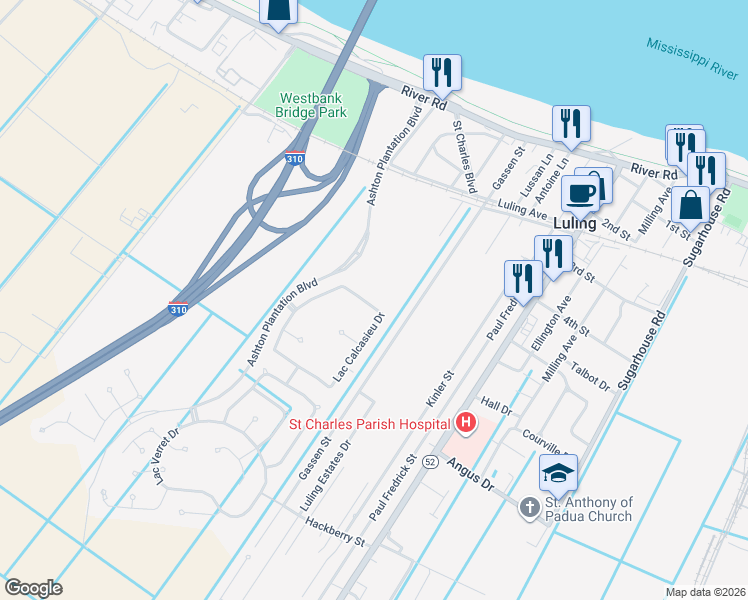 map of restaurants, bars, coffee shops, grocery stores, and more near 209 Lac Calcasieu Drive in Luling