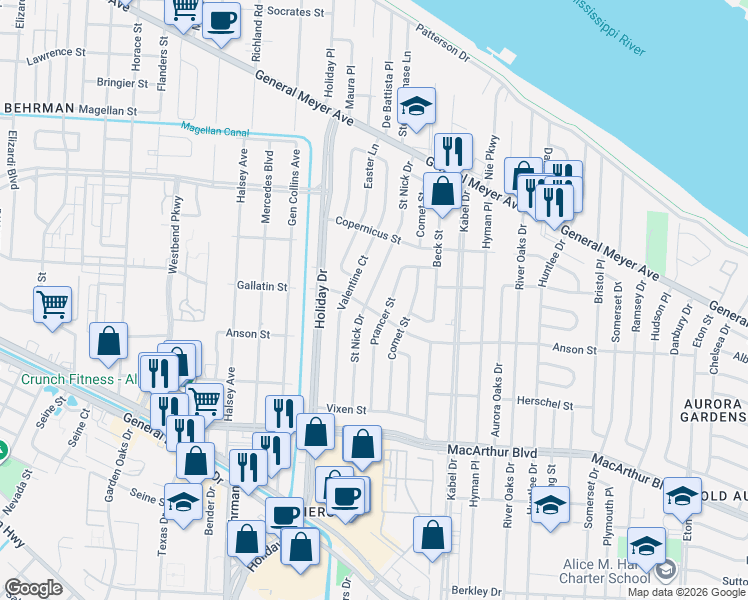 map of restaurants, bars, coffee shops, grocery stores, and more near 2420 Valentine Court in New Orleans
