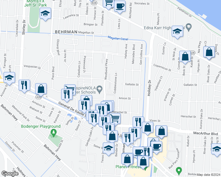 map of restaurants, bars, coffee shops, grocery stores, and more near 2200 Westbend Parkway in New Orleans