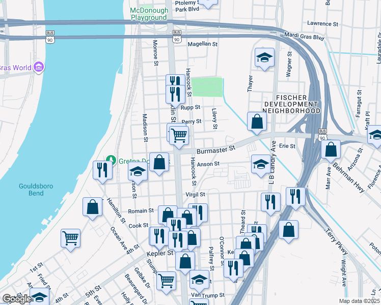 map of restaurants, bars, coffee shops, grocery stores, and more near 955 Burmaster Street in Gretna