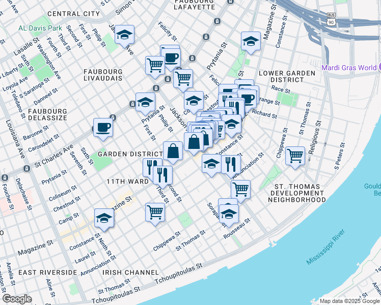 map of restaurants, bars, coffee shops, grocery stores, and more near 1125 Philip Street in New Orleans