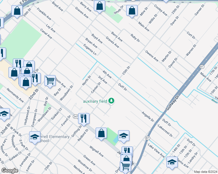 map of restaurants, bars, coffee shops, grocery stores, and more near 2605 3rd Avenue in Groves
