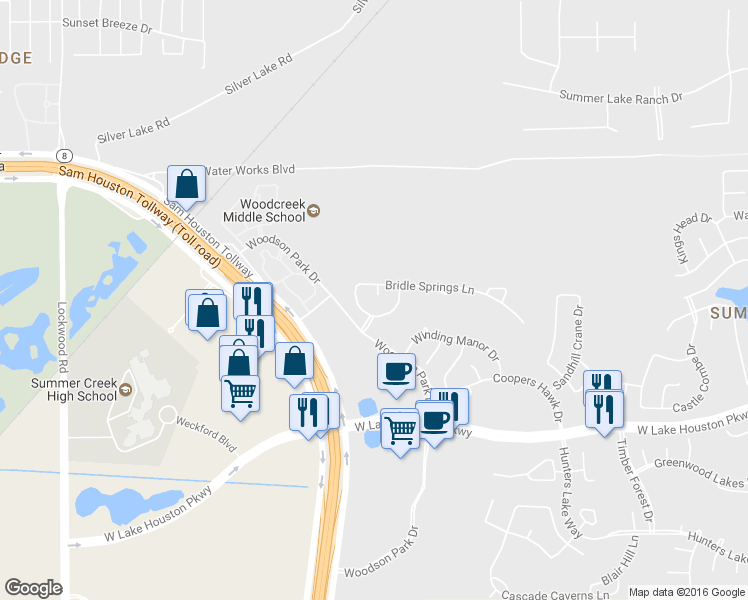 map of restaurants, bars, coffee shops, grocery stores, and more near 14303 Brody Falls Lane in Houston