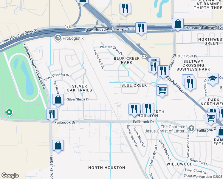 map of restaurants, bars, coffee shops, grocery stores, and more near 15434 Kellerwood Drive in Houston