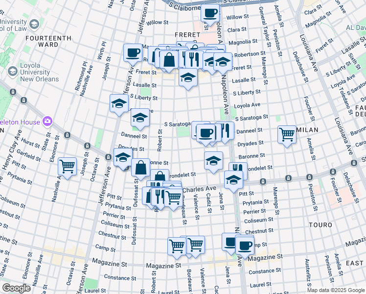map of restaurants, bars, coffee shops, grocery stores, and more near 4727 Dryades Street in New Orleans