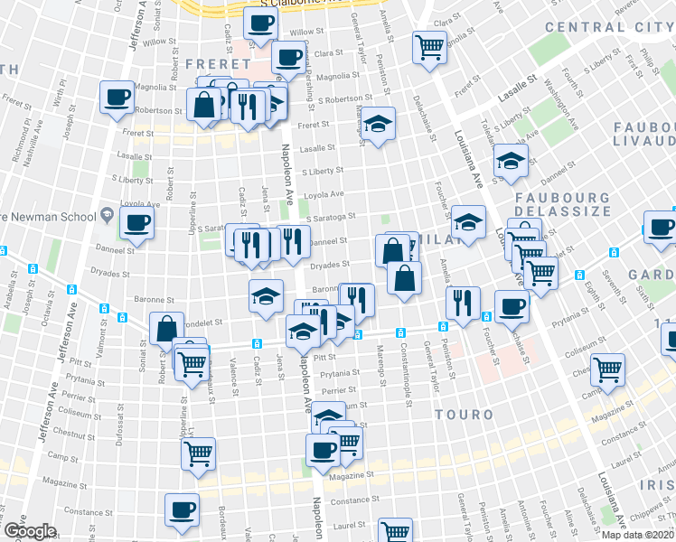 map of restaurants, bars, coffee shops, grocery stores, and more near 4220 Dryades Street in New Orleans