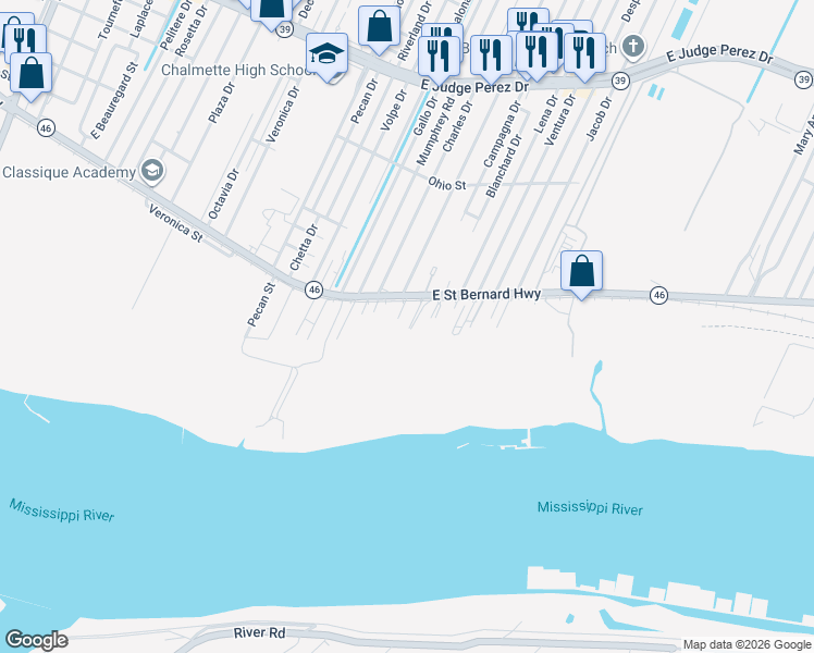 map of restaurants, bars, coffee shops, grocery stores, and more near 1912 Barcelona Drive in Chalmette