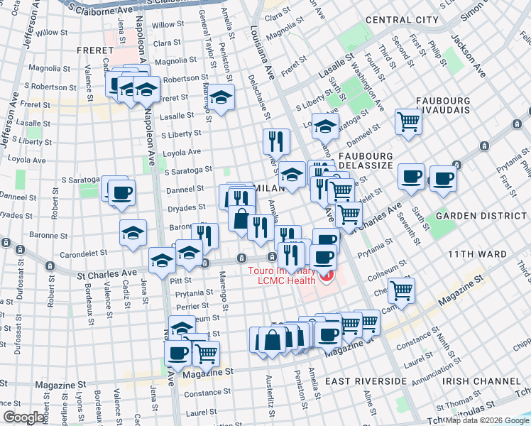 map of restaurants, bars, coffee shops, grocery stores, and more near 3717 Baronne Street in New Orleans