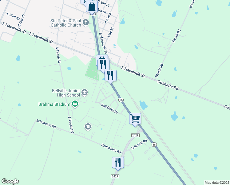 map of restaurants, bars, coffee shops, grocery stores, and more near 715 High Oaks Drive in Bellville