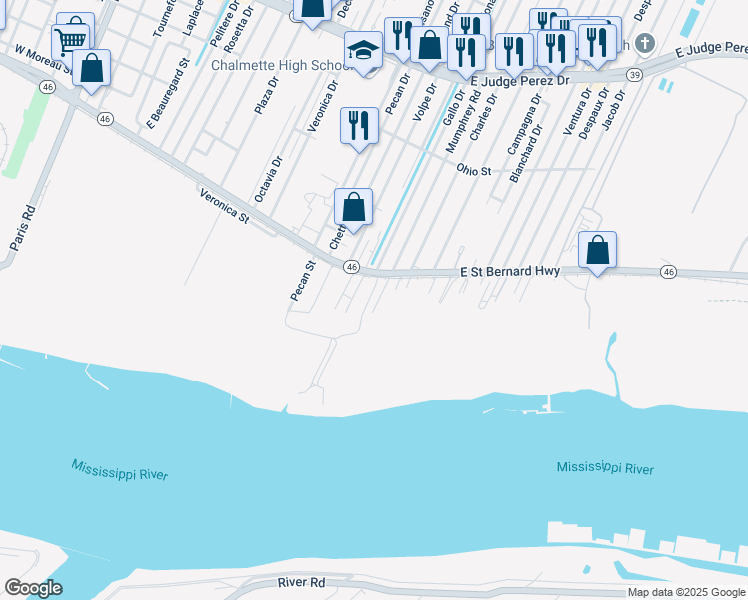 map of restaurants, bars, coffee shops, grocery stores, and more near 1910 Andres Street in Chalmette