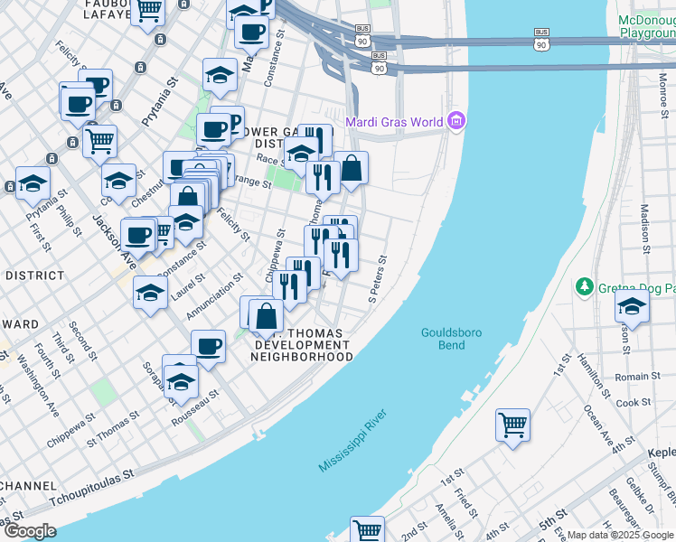 map of restaurants, bars, coffee shops, grocery stores, and more near 1667 Tchoupitoulas Street in New Orleans