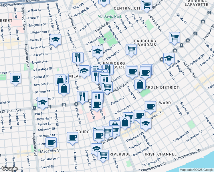 map of restaurants, bars, coffee shops, grocery stores, and more near in New Orleans