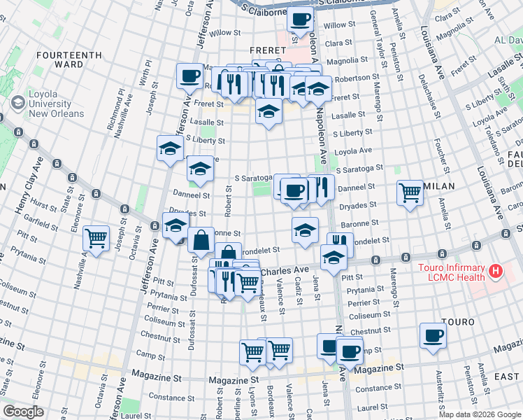map of restaurants, bars, coffee shops, grocery stores, and more near 4727 Dryades Street in New Orleans