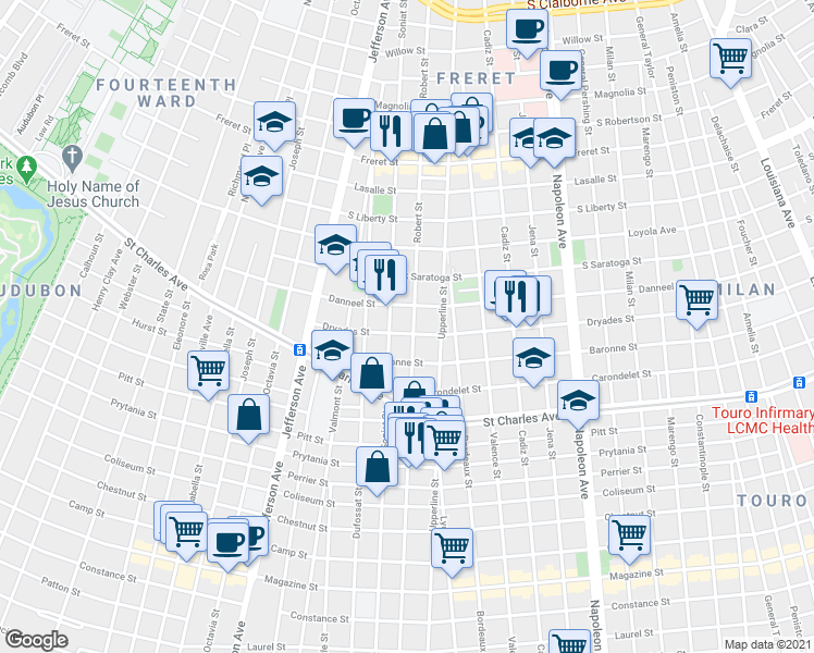 map of restaurants, bars, coffee shops, grocery stores, and more near 5021 Dryades Street in New Orleans