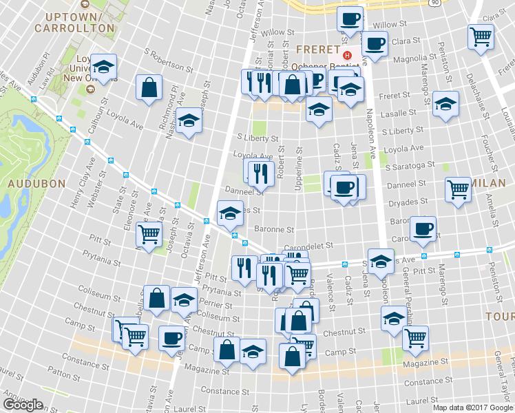 map of restaurants, bars, coffee shops, grocery stores, and more near 5021 Dryades Street in New Orleans